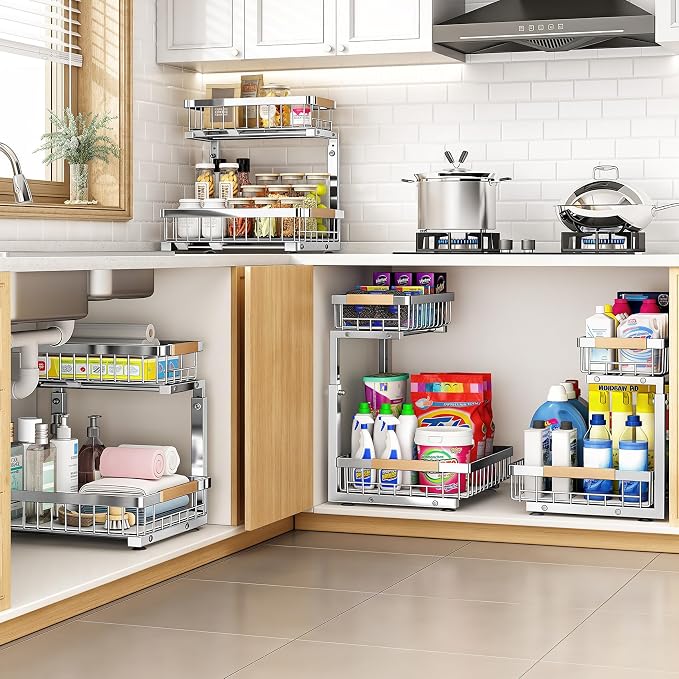 PXRACK Under Sink Organizer, Adjustable Height, 2 Tier Pull Out Cabinet Organizer, Slide Out Thickened Metal Storage for Kitchen Bathroom Laundry Pantry Cabinet, Stainless Steel, Silver, Large-1-Pack