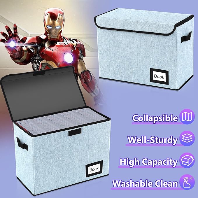 Collection Comic Book Storage Box 15.8" X 7.8" X 11.8", Collapsible Comic Short Box, Holds 160-180 Comic Book, Heavy Duty Bin Container Holder Shelf Protector Organizer (Blue)