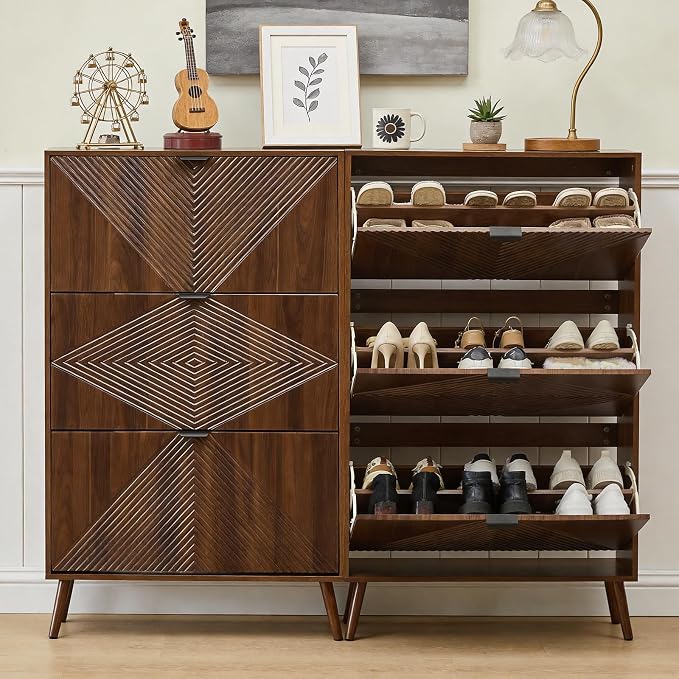 oakvivo Shoe Cabinet with 3 Flip Drawers, 31.5'' W Freestanding Narrow Shoe Storage Cabinet for Entryway, Modern Shoe Organizer with 4 Wooden feet, Hidden Shoe Rack for Hallway Mudroom, Walnut