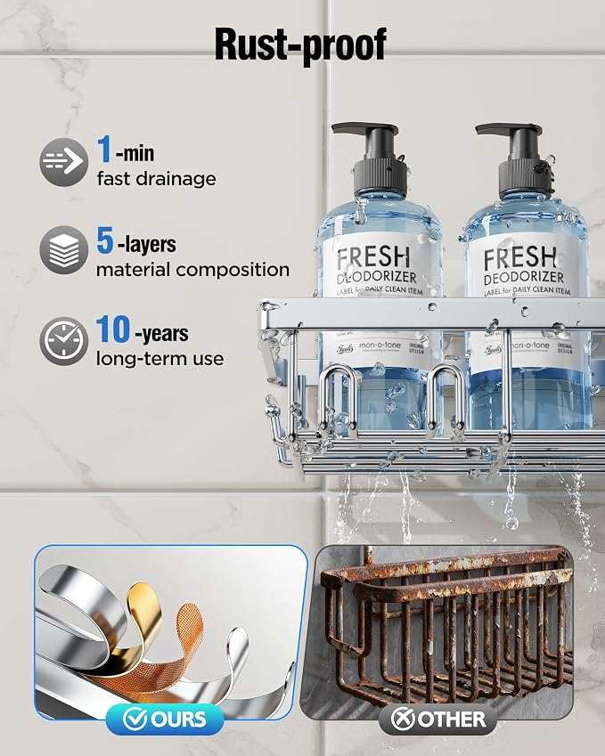 Shower Caddy 7 Pack, Adhesive Bathroom Shower Organizer for Bathroom Storage, No Drilling Large Capacity Rustproof Stainless Steel Shower Shelves Rack for Bath, Silver
