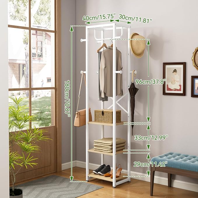 IBUYKE Freestanding Coat Rack,with 3 Shelves and 8 Hooks,Natural UTMJ088R | Metal Frame,Industrial Hall Tree,Clothes Stand for Entryway, Hallway, Bedroom,Office, Living Room