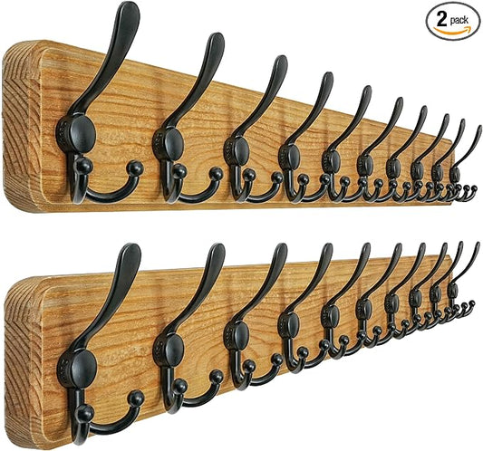 Coat Rack Wall - Heavy-Duty 38-1/4" Long, with Reinforced 10 Custom Tri-Hooks, Solid Wood Wall Hanger for Coats Hat Jackets - Rustic Farmhouse Entryway Storage,Weathered Brown & Black,Pack of 2