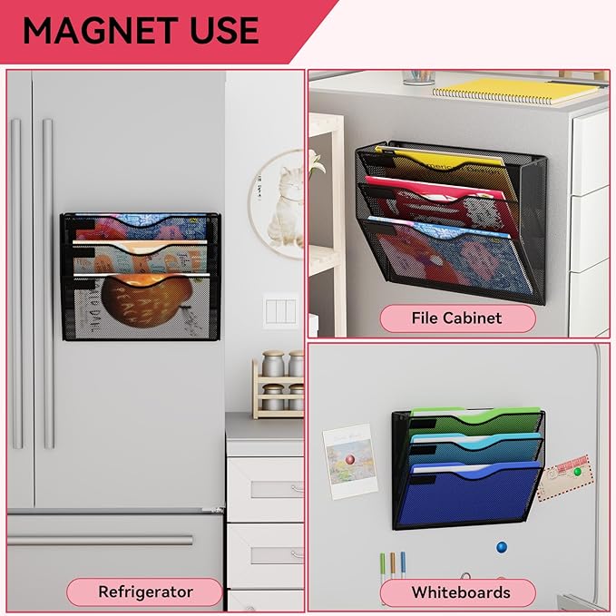 3-Tier Magnetic File Holder, No Drilling Wall File Organizer, File Folder Bins, Mail & Magazine Rack, Magnetic Paper Document Holder for Refrigerator File Cabinets Whiteboard, Black