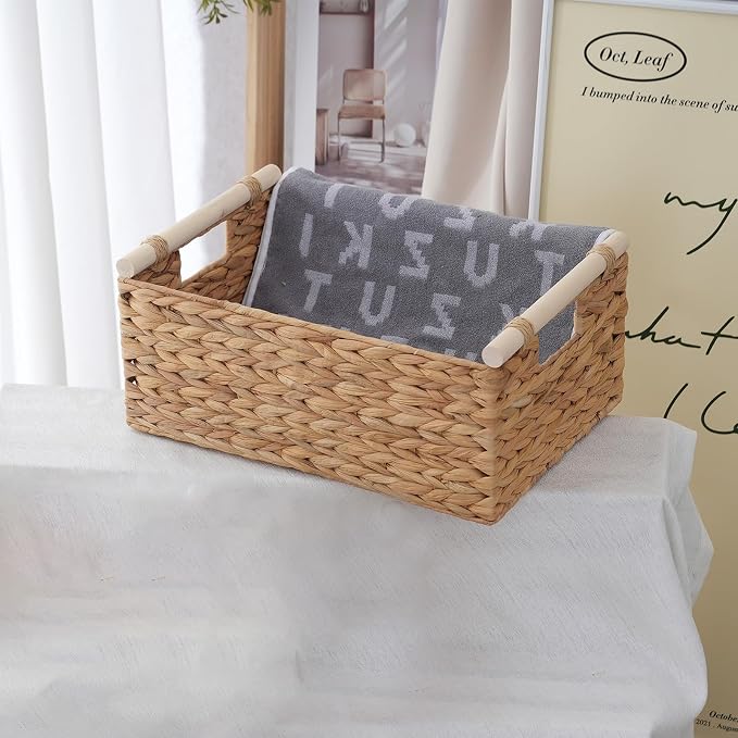 Wicker Storage Basket, Woven Shelf Organizer, 15.5x10.8x6.2 Inch | 15.5x10.8x6.2" natural wicker basket with handles; rectangular shelf organizer for kitchen, bathroom and living spaces.