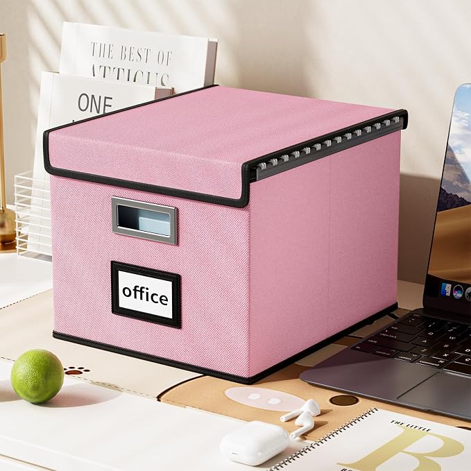 File Organizer Box with Lids, Collapsible File Folder Organizer | File Box with Plastic Slides for Office Document Storage, Filing Bin for Letter Size Hanging File Folders (1 Pack, Pink)