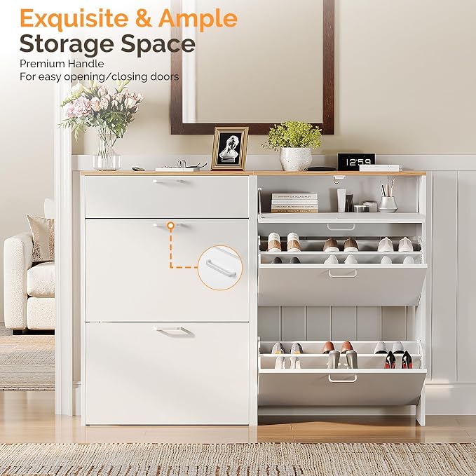 VINGLI Set of 2 Shoe Cabinet Storage for Entryway, Ultra Slim Shoe Organizer with 2 Flip & 1 Drop-Down Drawers, 2-Pack Narrow Shoe Cabinet 24.8" W for Front Door, Freestanding Modern White Shoes Rack
