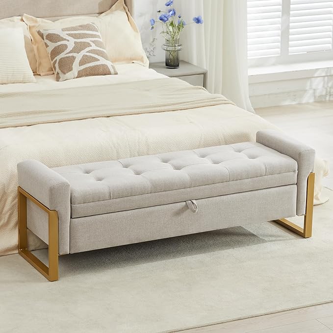 adochr 57" Storage Ottoman Bench, Upholstered End of Bed Bench, Beige | Metal Legs & Button-Tufted, Linen Ottoman with Storage 500 lb Capacity for Living Room, Bedroom, Entryway