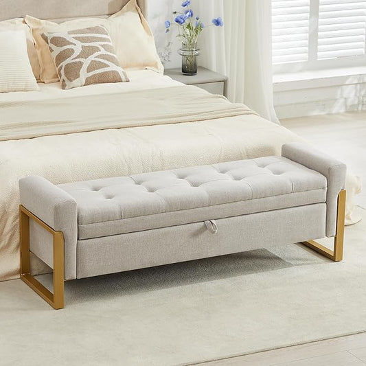 adochr 57" Storage Ottoman Bench, Upholstered End of Bed Bench, Beige | Metal Legs & Button-Tufted, Linen Ottoman with Storage 500 lb Capacity for Living Room, Bedroom, Entryway