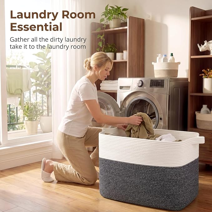 OIASKET 108L Cotton Rope Storage Basket for Living Room and Bedroom 25"x16"x16" Woven Laundry Basket, Heavy Duty Bin for Blankets, Pillows & Toys, Pet-Safe & Scratch-Free, Dark Grey and White