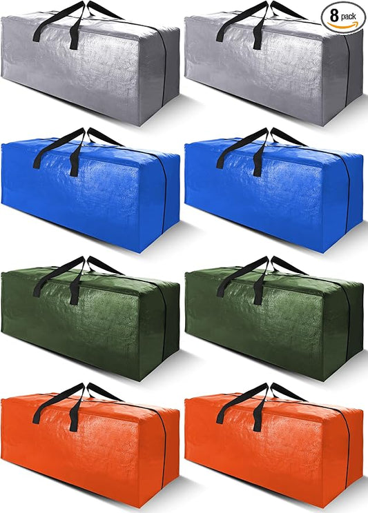 Cosy Family 8 Pack Heavy Duty Extra Large Moving Bags with Backpack Straps - Strong Handles & Zippers, Storage Totes For Space Saving, Fold Flat, Alternative to Moving Box (40 gal, Multicolored)