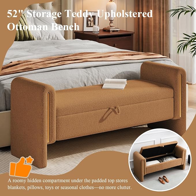 Storage Ottoman Bench, End of Bed Bench with Pull-Ring | 52" Teddy Upholstered, Window Bench with Armrest, Generous Storage, Safety Hinge, Holds 300 LBS, for Bedroom, Coffee