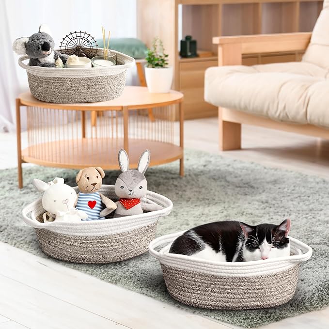 LANDNEOO Small Woven Basket with Gift Bags and Ribbons, Empty Decorative Gift Chest Box, Cute Baby Gift Basket for Nursery, Cotton Rope Room Shelf Storage Basket with Handles, 12"x 8"x 5", Brown