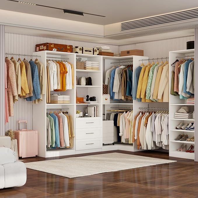 Closet Organizer System of 4 Sets with 3 Drawers, 9 Hanging Rods & 8 Shelves, 157" Walk in Closet System, Corner Closet Organizer, Modular Standalone Closet, White