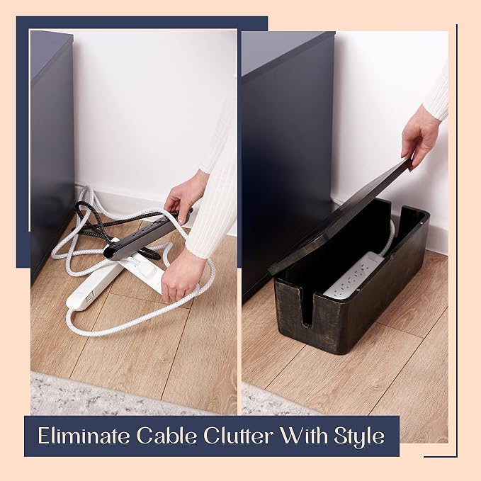 Large Cable Management Box - Cable Organizer Box and Power Strip Box for Electrical Cord Management - Hide Desk Cord and Floor Cables - Wire Storage and Organization for Cords | Mango Wood, Cable Organizer, Rustic Style, Modern Design, Desktop Storage