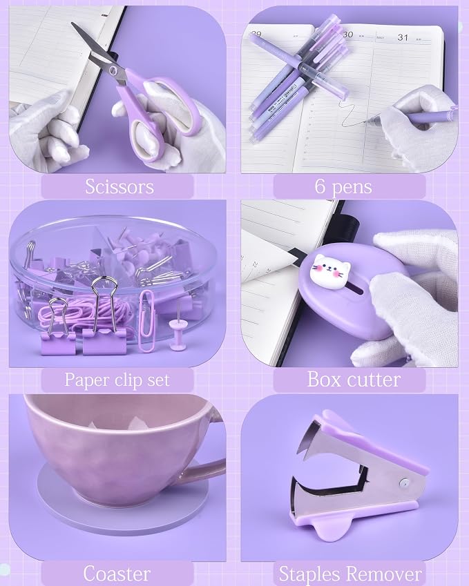 Purple Desk Accessories and Organizers with Desk Organizer and 360°Rotating Pen Holder stapler Pen and a Lot of Office Purple Office Supplies Beautifully Presented in a Gift Box