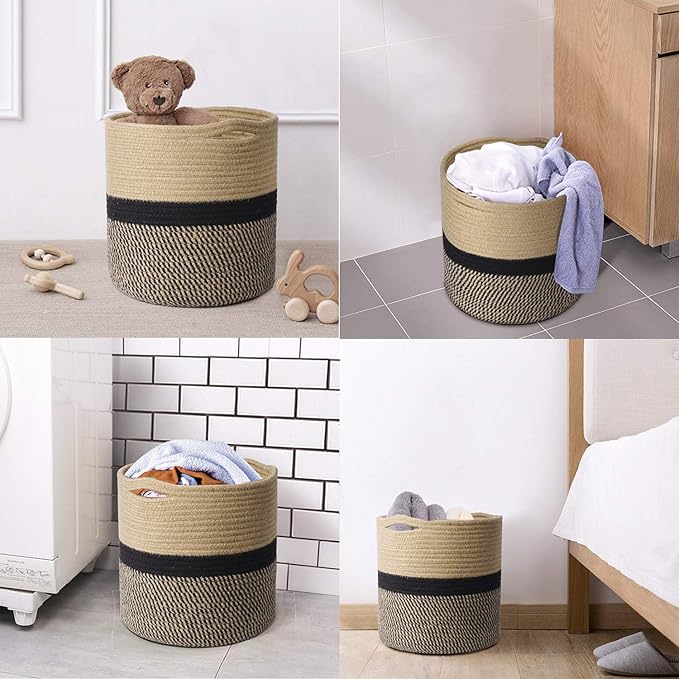 TIMEYARD Jute Rope Plant Basket, Planters for Indoor Plants, Black and Jute | 11" x 11" Storage Organizer Basket Rustic Home Decor, Wicker Planter, Woven Pot for Indoor Plants