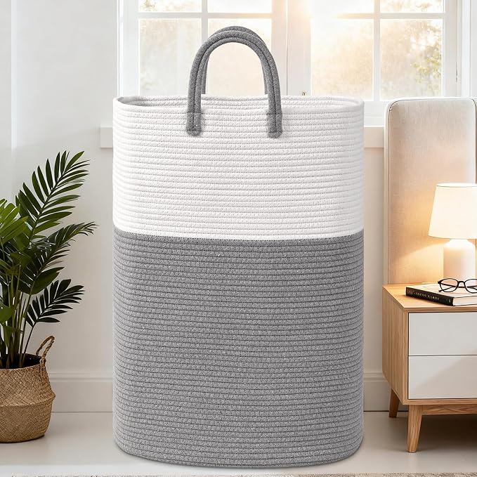 Woven Laundry Basket for Clothes, 50L Large Rectangle Laundry Hampers with Beads Tassel, Nursery Storage Basket for Toys, Tall Dirty Clothes Hamper for Bedroom Aesthetic, Laundry Room Organization
