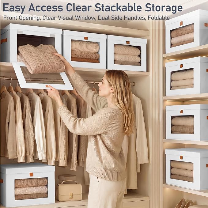 DIMJ Storage Bins with Lids - 4 Pack Front Opening Stackable Fabric Storage Boxes with Clear Window & Handles, Collapsible Closet Organizers for Clothes, Sweaters, Shelf Storage, Bedroom, White