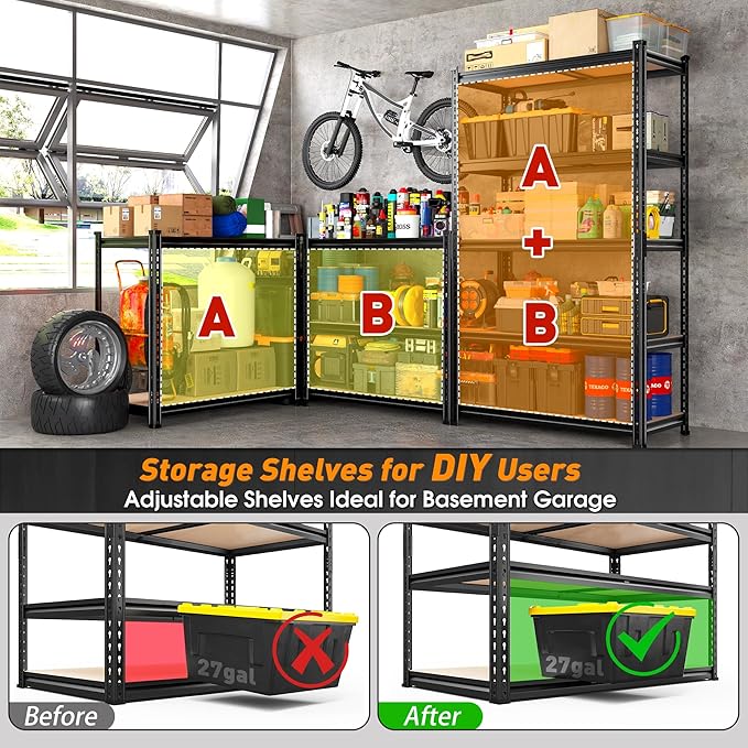 REIBII 2400LBS Garage Shelving,36" Wx16" Dx72" H Shelves for Basement | Adjustable 5-Tier Shelving Unit,High-Density MDF Shelves,Heavy Duty Storage Shelves,Easy Assembly,For Pantry Workshop Storage