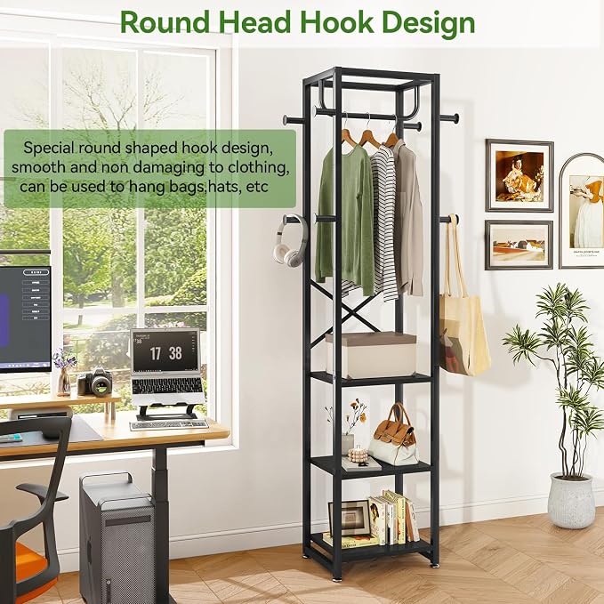 IBUYKE Freestanding Coat Rack,with 3 Shelves and 8 Hooks,Black UTMJ088B | Metal Frame,Industrial Hall Tree,Clothes Stand for Entryway, Hallway, Bedroom,Office, Living Room