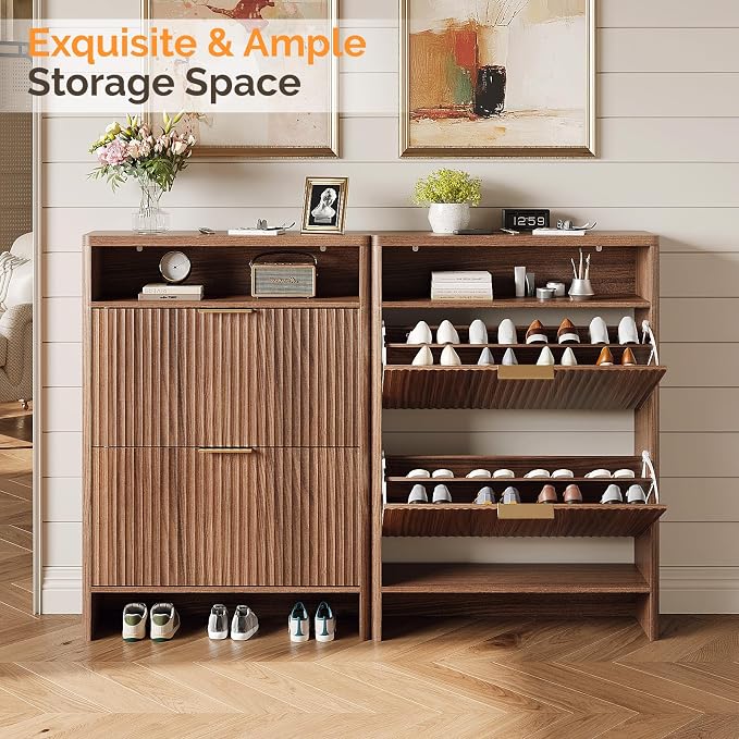 VINGLI Walnut Slim Shoe Cabinet for Entryway, Curved Hidden Shoe Storage Cabinet with 2 Flip Drawers & Open Shelf, Modern Narrow Shoe Organizer with Fluted Panel & Anti-Tip Kit, 32.7" W, Dark Wood