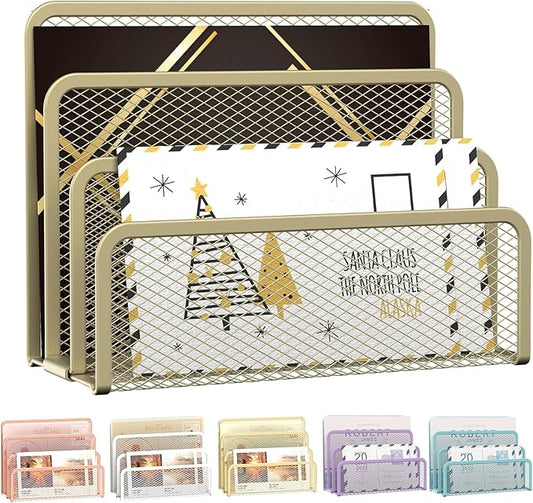 Mail Organizer Countertop for Desk, Mail File Holder with 3-Slot, Yellow | Metal Mesh Mail Sorter for Letters, Envelopes, Bills, and Files for Home Offices, Classroom Organization