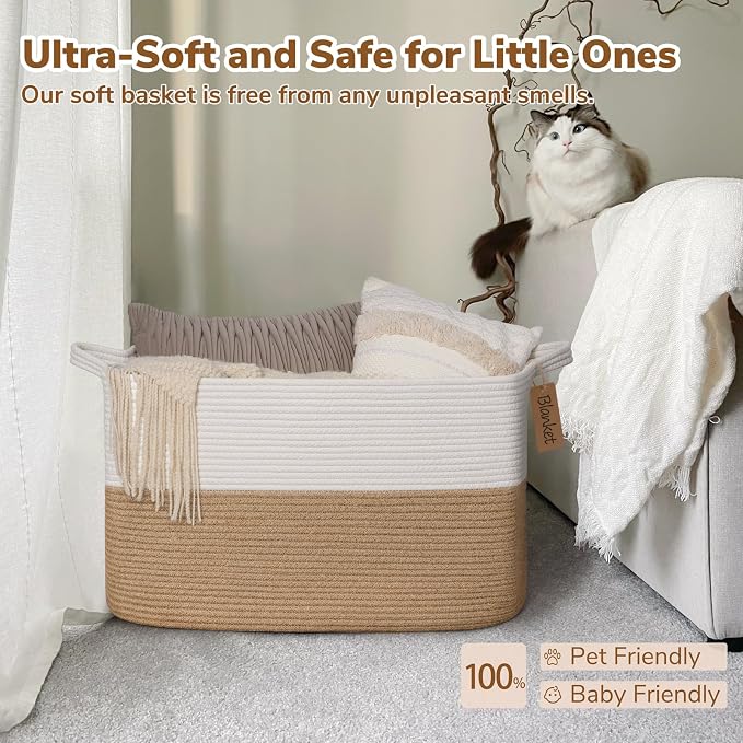 Goodpick Extra Large Cotton Rope Basket with Handles, Jute | 75L, 22 × 17 × 12 in, Rectangle, Blankets, Pillows, Toys & Daily Essentials Storage, Living Room, Bedroom & Home Decor