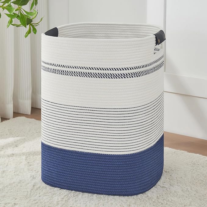 AINUOQI Large Laundry Basket - Tall Woven Rope Laundry Hamper with Leather Handles - Dirty Clothes hamper for Living room, Bedroom, 17" X 13.8" X 22", Dark Blue & White