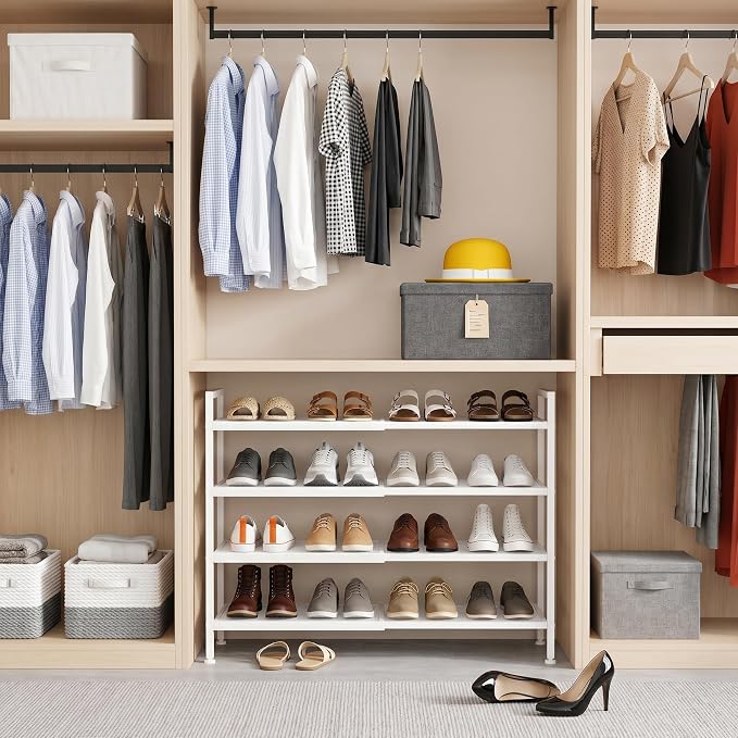 Shoe Rack, Expandable Shoe Rack for Closet, Adjustable Shoe Organizer for Entryway, Shoe Storage Organizer for Door Entrance, Garage, Bedroom (White, 4-Tier)