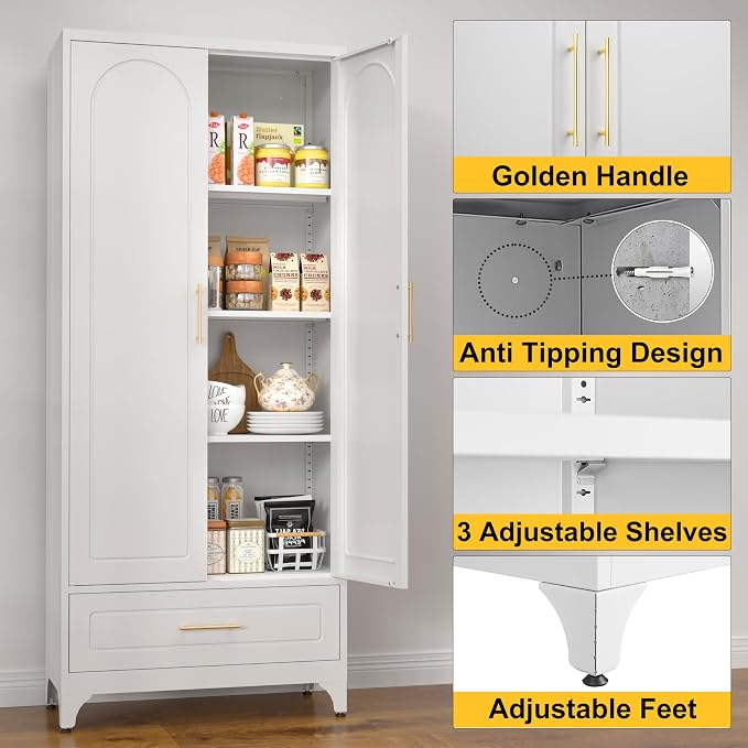 SteeLoong 75”Kitchen Pantry Cabinet, Metal Storage Cabinet with Drawer | White Pantry Cabinets for Kitchen Storage with 3 Adjustable Shelves,Tall Freestanding Cupboard for Living Room,Kitchen,Garage