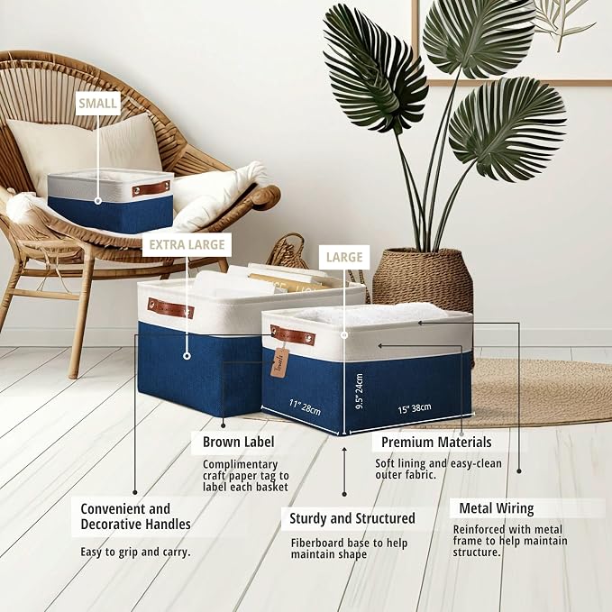 DECOMOMO Storage Bins, Large Fabric Storage Baskets for Shelves 4 Pack | 15 x 11 x 9.5 inches Decorative Linen Closet Organizers (Navy Blue & White)