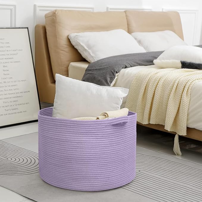Purple Rope Storage Basket, 22" X 14" Large Woven Baskets, Jumbo Floor Bin for Throw Blankets Pillows, Baby Laundry Basket, Dirty Clothes Organizer, Big Storage Bin for Toys, Towels
