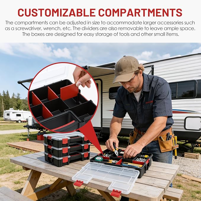 famuka Tool Storage Boxes 3-Pack Small Parts Organizers (Red) | 10 Compartments with Removable Divides