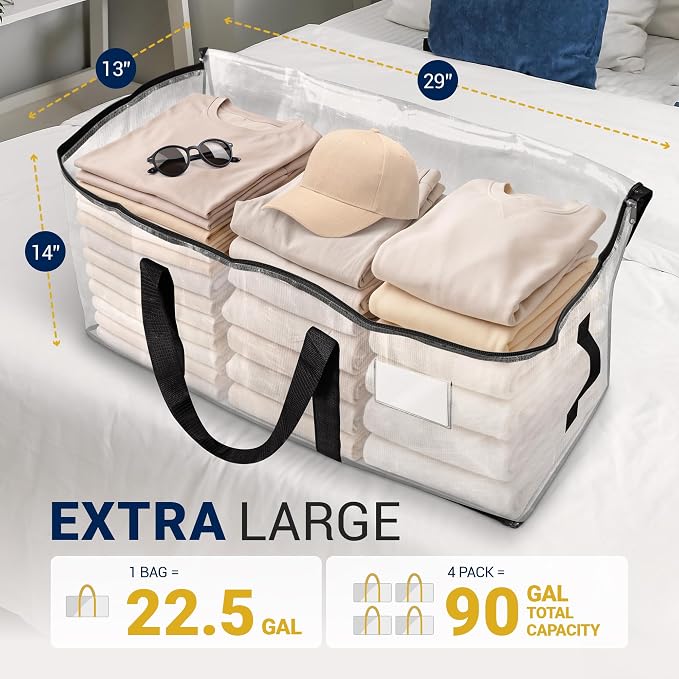 Reli. Moving Bags Heavy Duty (4 Pack) | Clear, Extra Large Totes | For Storage & Packing | Small Space & Dorm Room Essentials | Packing Bags w/ Handles & Zippers | Alternative to Moving Boxes