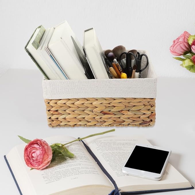 Toyvian Woven Storage Basket with Liner, Handwoven Straw and Seagrass Desktop Organizer, Decorative Sundries Container for Home Shelves and Household Storage