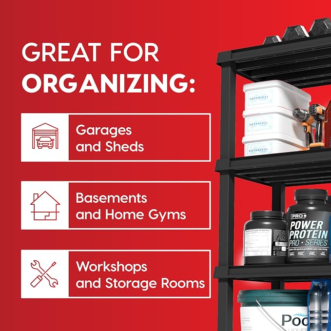 IRIS USA Plastic Storage Shelves |Made in USA| 68"H x 36"W x 18"D - Black | Heavy Duty Rack Organizer, 750lb Total Capacity, 150lb Per Shelf, Shelving Unit for Garage, Home, Warehouse & Gym