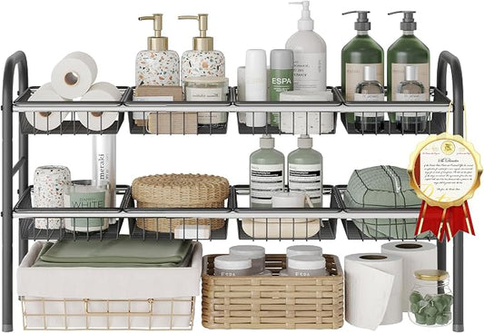 Under Sink Organizers and Storage,Expandable under cabinet organizer Shelf | 2 tier expandable shelf for kitchen and bathroom,8 Baskets,Adjustable partition height,20.7-32.3" W