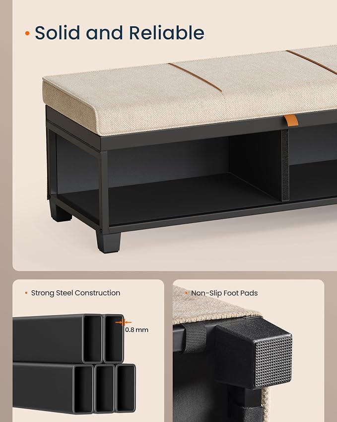 SONGMICS Home Storage Ottoman, 27 Gallons End of Bed Bench, 15.9 x 43.5 x 15.9 Inches, for Bedroom, Entryway, Living Room, Beige