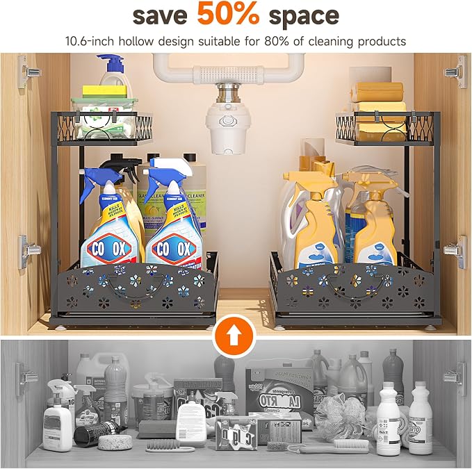 Sevenblue 2-Pack 2-Tier Height Adjustable Under Sink Organizer & Storage | Multi-purpose storage for kitchen & bathroom cabinet. Extra Large metal shelf, height adjustable design for space-saving.