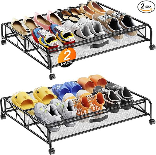 Under Bed Shoe Storage Organizer, 2 Pack Under Bed Storage Containers with Wheels for Under Bed Shoe Organizer Drawer Space Saving for bedroom