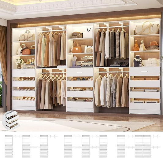 Aheaplus Closet System Set of 3, 138.5" Wood Closet Organizer System Tower with 12 Drawers & 4 Hanging Rods, 6.7+4.85Ft L Shaped Walk-in Closets Wardrobe Organizer Garment Rack with Shelves, White3