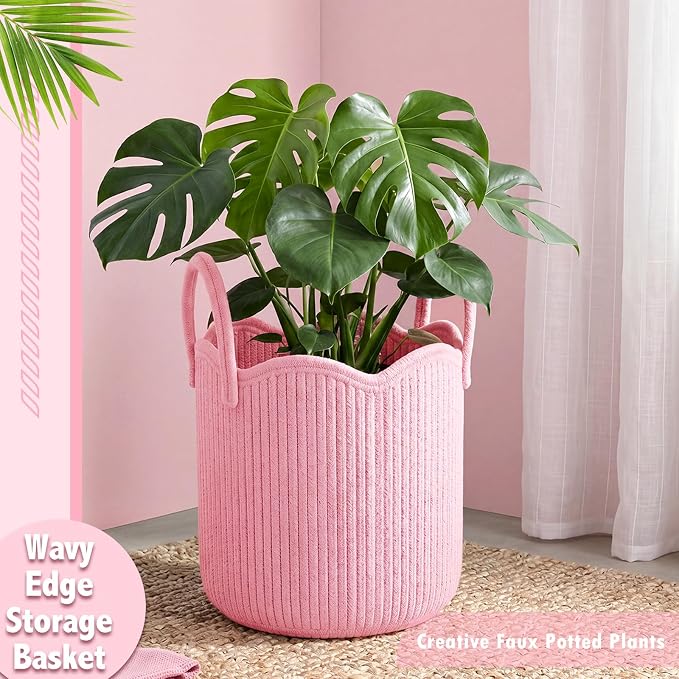 Newtay Pink Scalloped Woven Blanket Basket 12" x 12" x 12" Cotton Rope Laundry Basket Hamper Cute Round Decorative Storage Bin with Handles for Baby Nursery Living Room Bedroom Bathroom