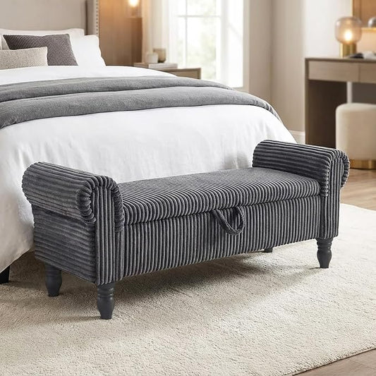55" Bench for End of Bed Storage Benches, Queen End of Bed Bench Corduroy Upholstered Storage Ottoman Window Bench with Storage, for Bedroom, Entryway, Closet, Dark Grey