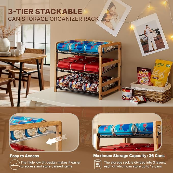 DGWJSU Can Organizer for Pantry 3-Tier, Holds up to 36 Cans Storage | Cans Holders for Pantry, Cabinet, Countertop, Carbonized Brown