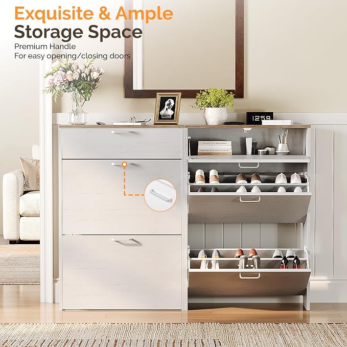 VINGLI Set of 2 Shoe Cabinets Storage for Entryway,2-Pack,Rustic White | 16–24 Pairs,Skirting Board Cutout,Drop-Down Drawer,9.4"D Slim,Farmhouse,2 Flip Drawers,Adjustable & Removable Shelf