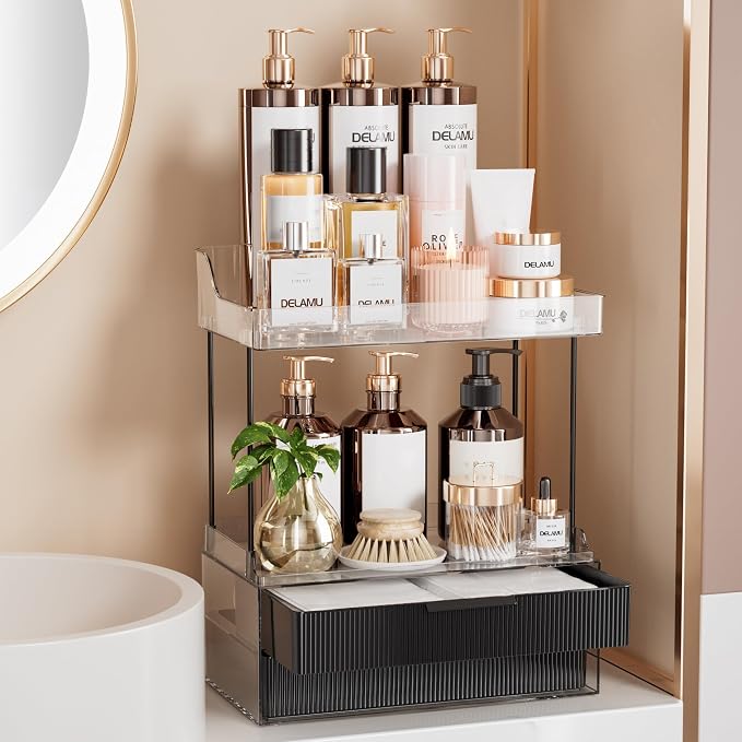 Delamu Bathroom Organizers and Storage, 2 Tier 2 Drawer Makeup Organizer Countertop, Easy to Install, Ideal for Bathroom Counter, Vanity, Large Skincare, Perfume, Present, Desk and More, Black | Elegant Vanity Organizer Gift for Women, Holds Perfume, S...