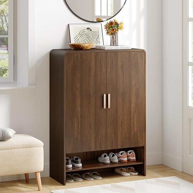 6-Tier Shoe Storage Cabinet, 45'' Large Farmhouse Shoe Cabinet for Entryway, Modern Wooden Shoe Rack Organizer with Doors and Shelves, for Front Door Hallway (Walnut)