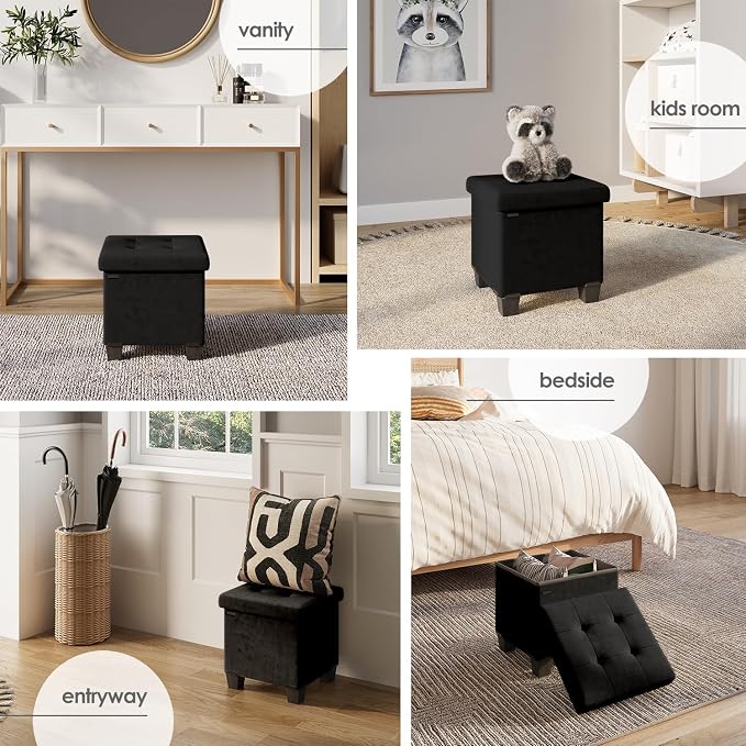 Storage Ottoman Cube with Small Bin, 15-in Square Ottoman with Storage for Living Room and Bedroom, Small Ottomans Foot Rest, Velvet Foot Stools Ottomans Max 330lbs, Black