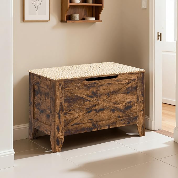 VECELO 30" Storage Chest with Lift Top Storage, Farmhouse Style Ottoman with Handwoven Wicker Cushion, Safety Hinges, Ideal for Entryway, Bedroom, Living Room, Walnut Brown