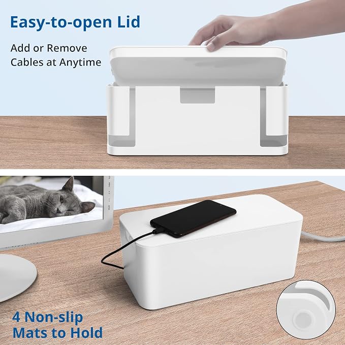 ZhiYo 2 Pack Cable Management Box, Medium & XL, Power Strip Organizer White | Hidden Rear Cable Routing, Durable ABS Construction, Fits Power Strips Up to 13.4", Ideal for Desks, TV Areas & Floor Corners